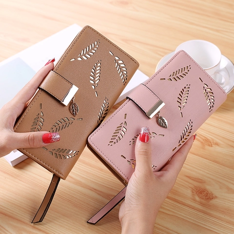 Portafoglio Lungo Donna Pelle PU Motivo Foglia Svuotata Grande Capacità Pochette Pendente Foglia Metallo Cerniera Fibbia Porta Carte