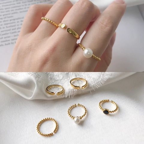 S925 Sterling Silver Open Ring For Women Minimalist Adjustable Geometric Pearl Black Zirconia Plated Finger Ring Jewelry