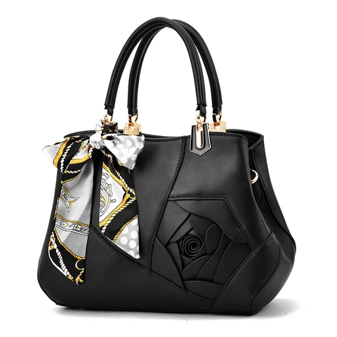 Bolso De Mano Mujer Cuero PU Decoración Flor Rosa 3D Pañuelo De Satén Bolso Estructurado Bandolera Elegante