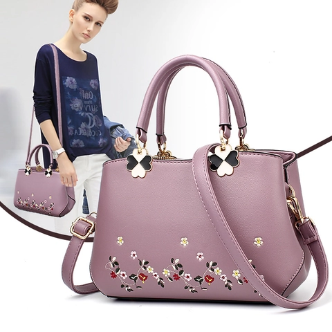 Dames Handtas PU Leer Bloemenborduurwerk Schoudertas Retro Elegante Tote Met Afneembare Riem En Gouden Hardware