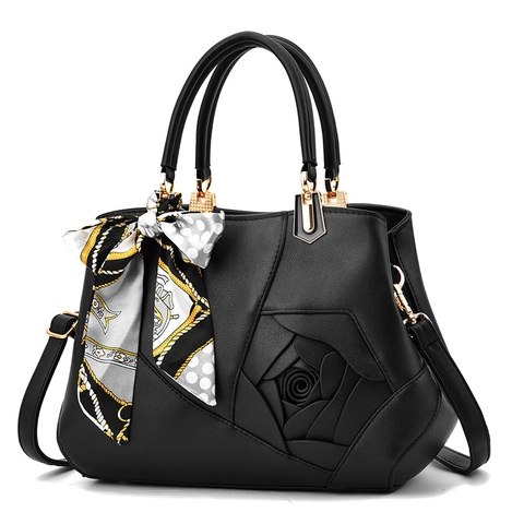 Bolso De Mano Mujer Cuero PU Decoración Flor Rosa 3D Pañuelo De Satén Bolso Estructurado Bandolera Elegante