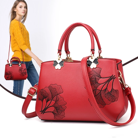 Dames Handtas PU Leer Bloemenborduurwerk Schoudertas Retro Elegante Tote Met Afneembare Riem En Gouden Hardware