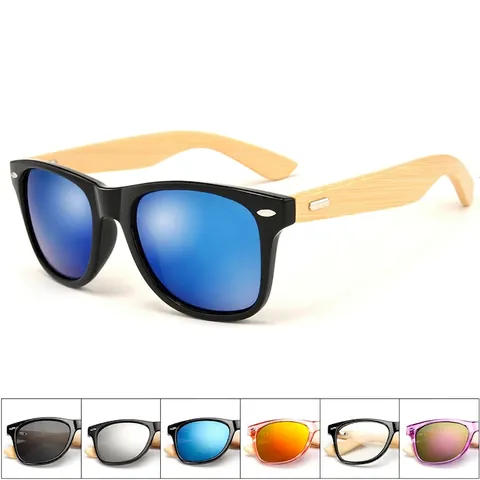 Gafas De Sol Cuadradas Retro Patillas De Madera De Bambú Montura PC Protección UV400 Lentes De Espejo Moda