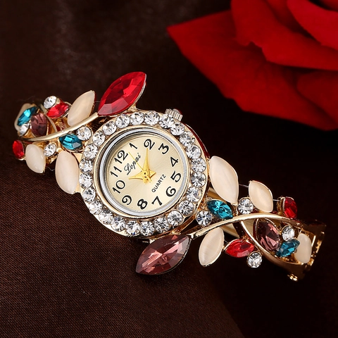 Women Bangle Watch Elegant Gold Alloy Flower Vine Inlaid Rhinestone Colorful Faux Crystal Quartz Analog Wristwatch For Lady