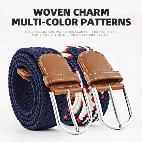 Elastic Braided Belt For Men And Women Alloy Pin Buckle Casual Woven Waistband With Synthetic Leather Trim Fashion