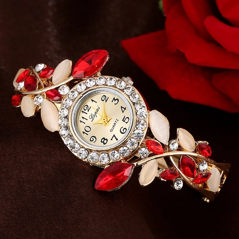 Women Bangle Watch Elegant Gold Alloy Flower Vine Inlaid Rhinestone Colorful Faux Crystal Quartz Analog Wristwatch For Lady