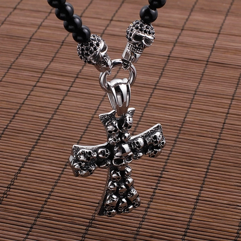 Collar Con Colgante De Cruz De Calavera Punk Hecho De Acero Inoxidable 316L Y Cuentas De Vidrio Negro Joyería Gótica