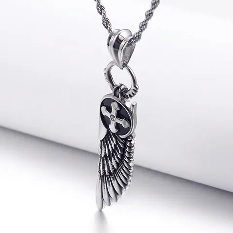 Pendentif Croix Aile Ange Acier Inoxydable Rétro Gothique Plume Collier Bijoux Hommes Style Vintage