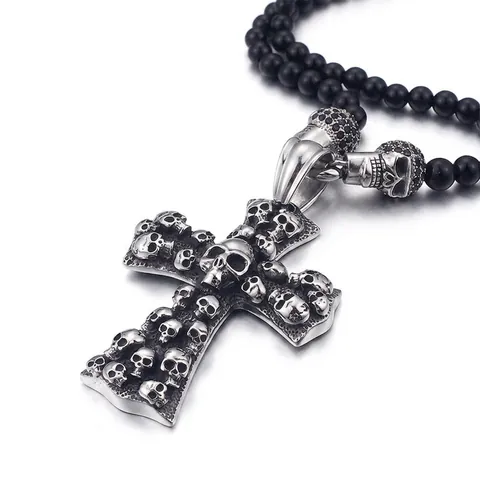 Collar Con Colgante De Cruz De Calavera Punk Hecho De Acero Inoxidable 316L Y Cuentas De Vidrio Negro Joyería Gótica