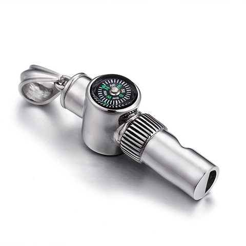 Compass Whistle Pendant Necklace Stainless Steel Outdoor Survival Jewelry Retro Punk Style For Men Women Silver Color