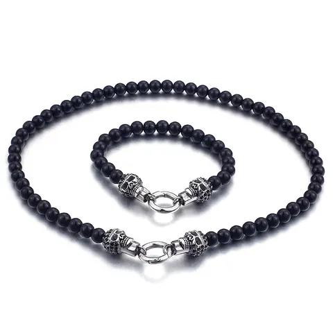 Gothic Punk Skull Jewelry For Men 316L Stainless Steel Black Glass Beads Necklace And Bracelet With Ring Clasp Cool