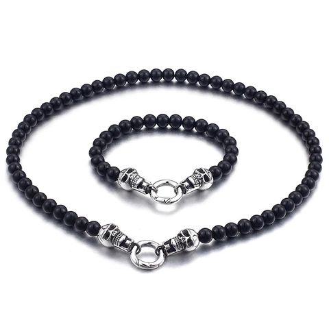 Collar Y Pulsera De Calavera De Acero Inoxidable Con Cuentas De Vidrio Negras Joyería Punk Gótica Para Hombres
