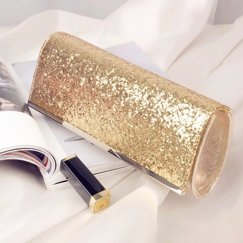 Women Evening Bag Glitter Sequin Clutch Purse With Chain Strap Rectangular Sparkling Flap Handbag For Wedding Party