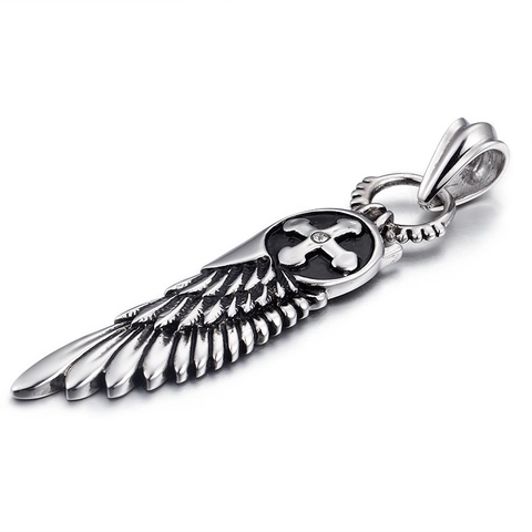 Pendentif Croix Aile Ange Acier Inoxydable Rétro Gothique Plume Collier Bijoux Hommes Style Vintage