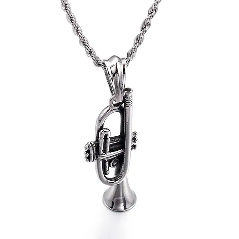 Collier Pendentif Instrument De Musique Trompette Acier Inoxydable 316L Style Punk Rock Vintage Bijoux Pour Mélomanes