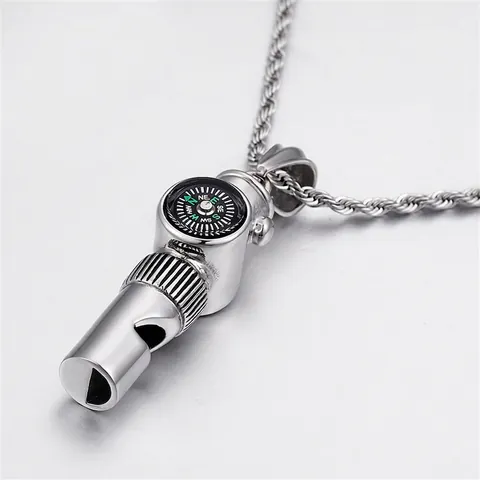 Compass Whistle Pendant Necklace Stainless Steel Outdoor Survival Jewelry Retro Punk Style For Men Women Silver Color