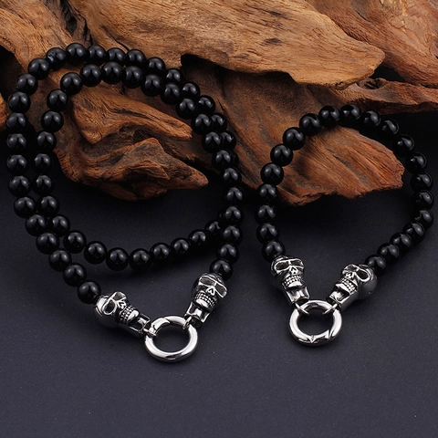 Collar Y Pulsera De Calavera De Acero Inoxidable Con Cuentas De Vidrio Negras Joyería Punk Gótica Para Hombres