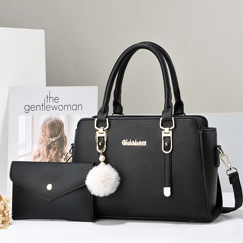 Borsa A Mano Da Donna E Pochette A Busta Motivo Litchi Pelle PU Grande Capacità Borsa A Spalla Ciondolo Palla Di Pelo Alla Moda