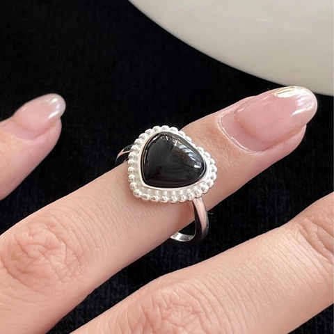 Herz Ring S925 Sterlingsilber Schwarzer Achat Perlenrand Offen Verstellbar Minimalistischer Koreanischer Stil Schmuck