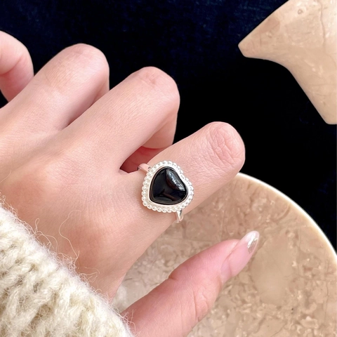 Herz Ring S925 Sterlingsilber Schwarzer Achat Perlenrand Offen Verstellbar Minimalistischer Koreanischer Stil Schmuck