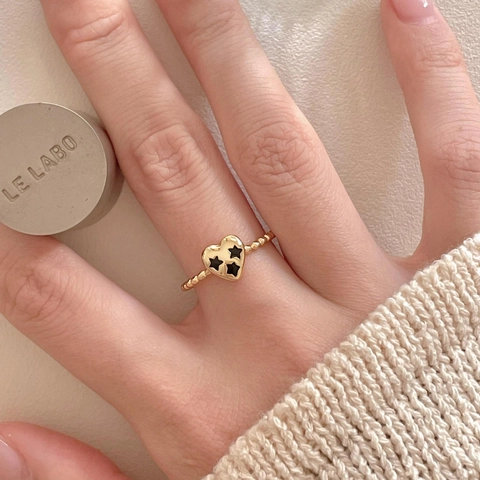 Anillo De Corazón De Plata De Ley 925 Con Estrellas Negras Banda De Cuentas Joyería Estilo Coreano Minimalista Mujer