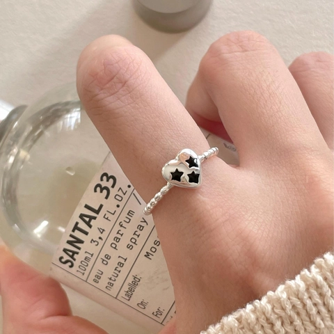 Anillo De Corazón De Plata De Ley 925 Con Estrellas Negras Banda De Cuentas Joyería Estilo Coreano Minimalista Mujer