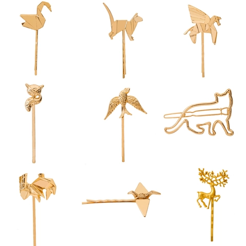 Mollette Per Capelli Animali Geometrici Lega Origami Gatto Volpe Pegaso Forcine Minimaliste Strass Perla Artificial