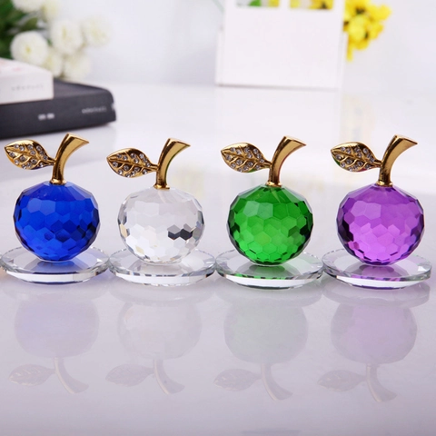 Crystal Apple Ornament Faceted Glass Fruit Figurine Rhinestone Gold Leaf Desktop Decor Christmas Gift Souvenir