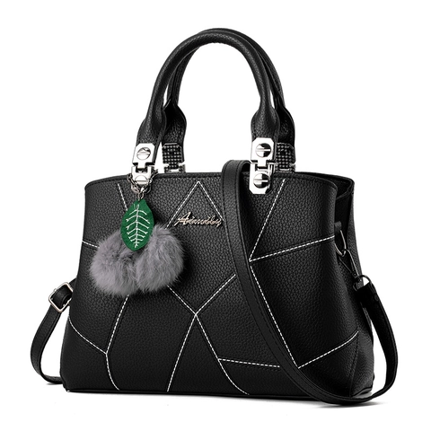 Women Handbag Lychee Grain PU Leather Geometric Stitching Shoulder Bag With Plush Fur Ball Charm Retro Top Handle Tote