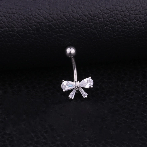 Belly Piercing Ring Stainless Steel Bar Copper Bowknot Zircon Inlaid Navel Jewelry For Women Elegant Western Style