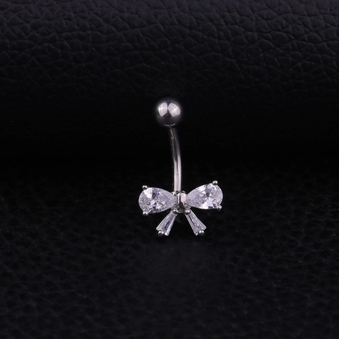 Belly Piercing Ring Stainless Steel Bar Copper Bowknot Zircon Inlaid Navel Jewelry For Women Elegant Western Style