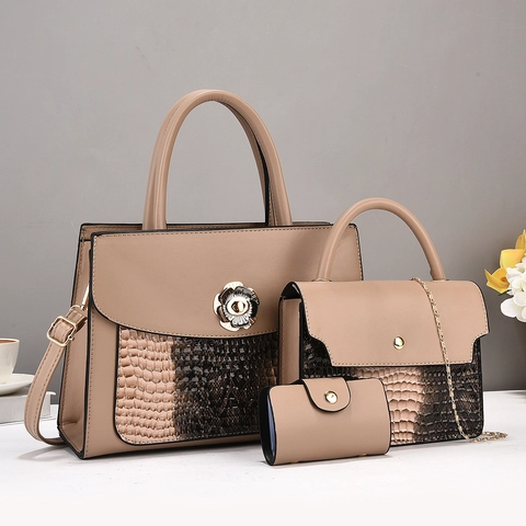 Donna Pelle PU Tote E Borsa A Tracolla A Catena E Portafoglio Texture Coccodrillo Con Serratura A Fiore Elegante Versatile