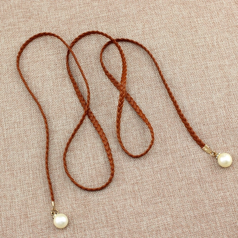 Women Woven Waist Rope PU Leather Thin Belt With Artificial Pearl Pendants Decorative Waist Chain For Dresses Fashion Accessory