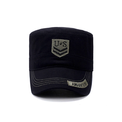 Men Cotton Canvas Cadet Cap Military Tactical Flat Top Hat With US Army Embroidery Adjustable Buckle Vintage