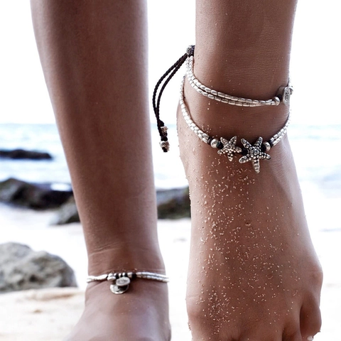 Vintage Legierung Seestern Om Yoga Anhänger Fußkettchen Silber Doppelreihige Perlenkette Fußschmuck Für Strand Urlaub Damen