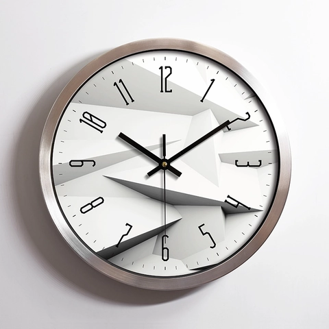 Orologio Da Parete Rotondo Moderno Acciaio Inossidabile Metallo Silenzioso Senza Ticchettio Quadrante Geometrico 3D Numeri Arabi