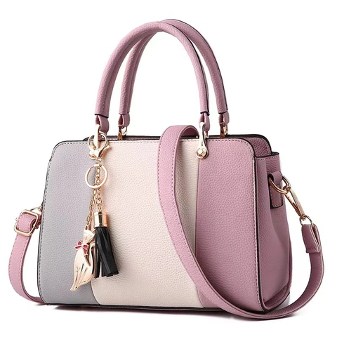 Dames Handtas Color Block PU Leer Litchi Textuur Handtas Schoudertas Met Decoratieve Kattenhanger Kwastje Elegant