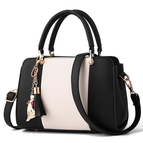 Dames Handtas Color Block PU Leer Litchi Textuur Handtas Schoudertas Met Decoratieve Kattenhanger Kwastje Elegant