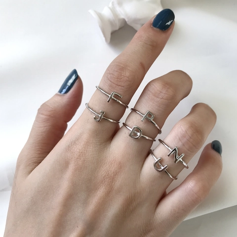 Initial Letter Open Adjustable Rings 925 Sterling Silver Wire Wrapped Handmade Minimalist Dainty Jewelry For Women