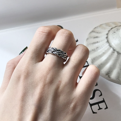 925 Sterling Silber Ring Vintage Geflochtene Textur Verstellbar Offen Fingerschmuck Für Damen Retro Ethno Stil