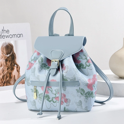 Women Vintage Floral Jacquard Backpack Large Capacity PU Leather Trim Drawstring Flap Travel Shoulder Bag For Mothers