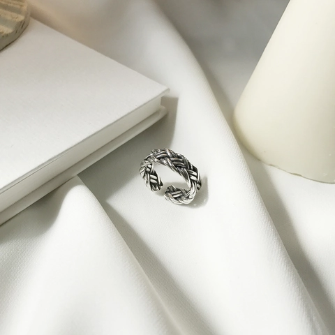 925 Sterling Silber Ring Vintage Geflochtene Textur Verstellbar Offen Fingerschmuck Für Damen Retro Ethno Stil