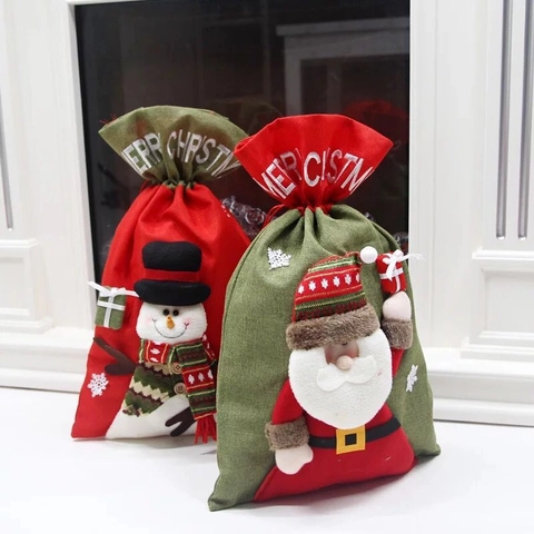 Grandi Sacchetti Regalo Natale Lino Sacco Con Peluche 3D Babbo Natale Pupazzo Neve Renna Coulisse Festa