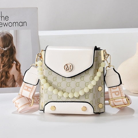 Women Crossbody Bag PU Leather Checkered Color Block Artificial Pearl Handle Wide Fabric Strap Urban Casual Flap Square Shape
