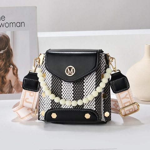 Women Crossbody Bag PU Leather Checkered Color Block Artificial Pearl Handle Wide Fabric Strap Urban Casual Flap Square Shape