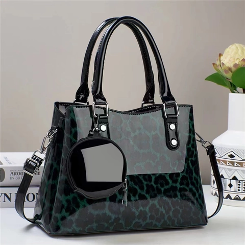 Leopard Print Patent Leather Handbag With Round Coin Purse Shoulder Crossbody Bag Large Capacity Fashion For Women