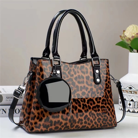 Leopard Print Patent Leather Handbag With Round Coin Purse Shoulder Crossbody Bag Large Capacity Fashion For Women