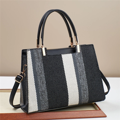 Gestreifte Gewebte Handtasche Für Damen Mode PU Leder Umhängetasche Mit Abnehmbarem Schultergurt Elegant