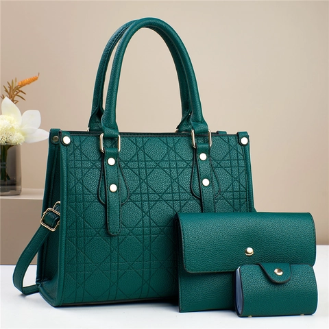 Sac Cabas En Cuir PU Matelassé Géométrique Et Pochette Et Petit Sac Pour Femmes Sac À Main Élégant Motif Lychee Matériel Doré