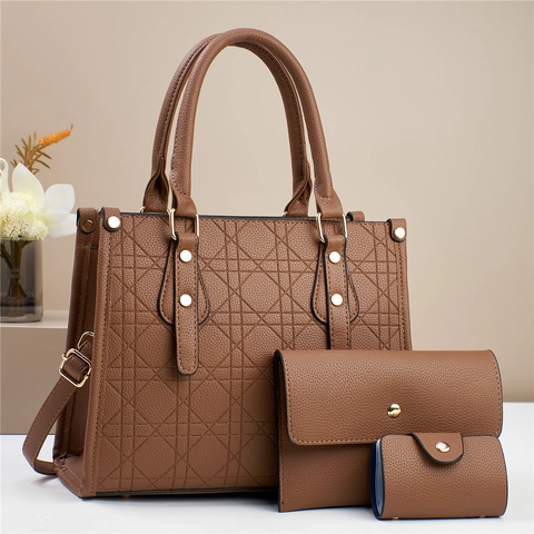 Sac Cabas En Cuir PU Matelassé Géométrique Et Pochette Et Petit Sac Pour Femmes Sac À Main Élégant Motif Lychee Matériel Doré